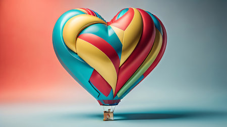 Colorful heart shaped hot air balloon on blue background. 3D renderingの素材