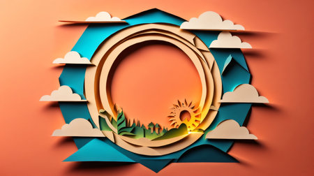 Paper art style sun and clouds on orange background. 3d renderingの素材