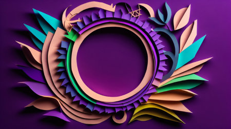 Colorful paper cut shapes on a purple background. 3d renderingの素材