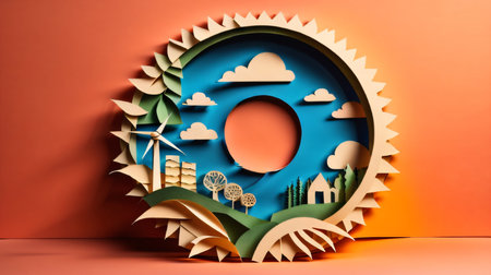 Paper cut of wind turbines and houses on orange background. Eco friendly conceptの素材