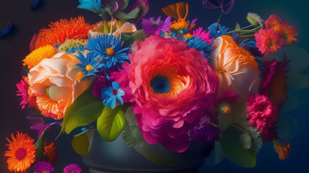 Colorful bouquet of flowers in a vase on a dark backgroundの素材
