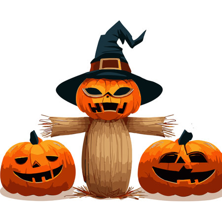 Halloween pumpkins with witch hat isolated on white background. Vector illustration.のイラスト素材