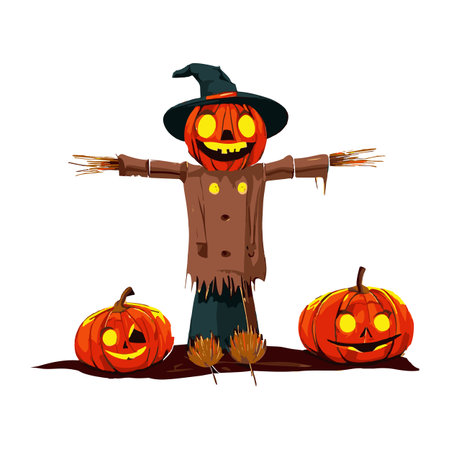 Halloween scarecrow with pumpkins. Vector illustration isolated on white background.のイラスト素材