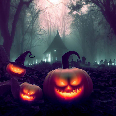 Halloween background with scary pumpkins and witch's house in fogの素材