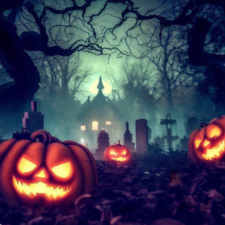 Halloween pumpkins in the cemetery at night. 3D renderingの素材