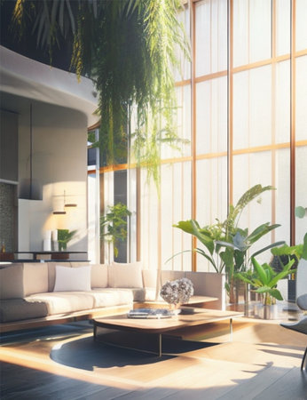 Modern living room interior with furniture and sunlight. 3D Renderingの素材