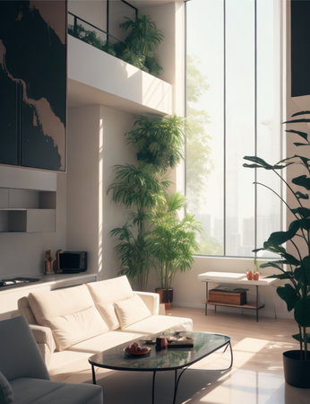 Modern living room interior with sofa, coffee table and plants. 3d renderの素材