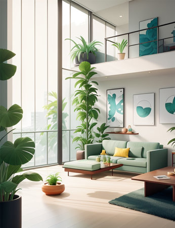 Interior of modern living room with green sofa and tropical plants. 3d renderの素材