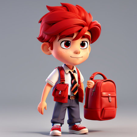 3D Render of a Little Boy with Backpack and Red Hairの素材