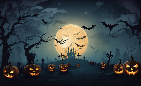 Halloween background with pumpkins, graveyard and bats. Vector illustration.の素材