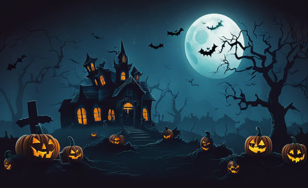 Halloween background with haunted house, bats and pumpkins. Vector illustration.の素材