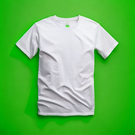 White t-shirt isolated on green background. Mockup for designの素材