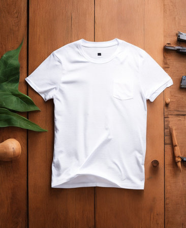 White t-shirt on a wooden background. T-shirt mockupの素材