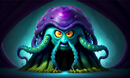 Octopus in the dark. Vector illustration of an alien creature.の素材