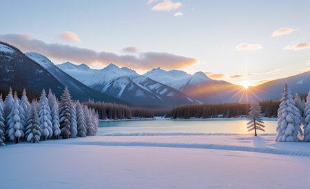 Beautiful winter landscape with frozen lake and snow covered mountains at sunsetの素材