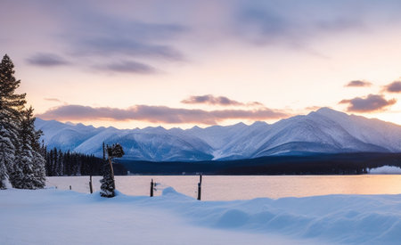 Beautiful winter landscape with snow covered mountains and lake at sunset.の素材