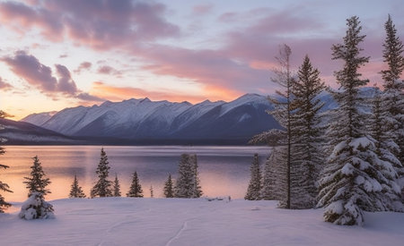 Beautiful winter landscape with a frozen lake in the mountains at sunset.の素材