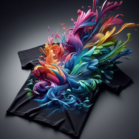 Abstract background with colorful paint splashes on black shirt. 3d renderingの写真素材