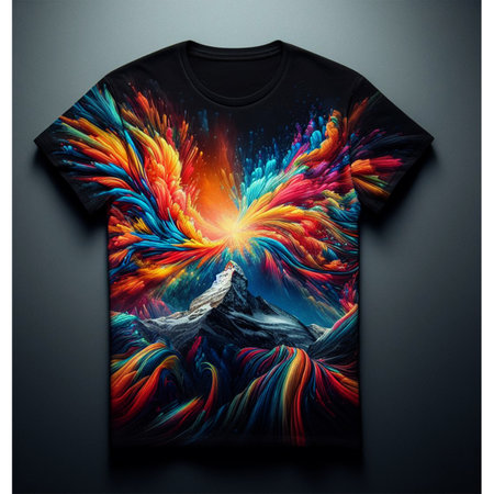 T-shirt mockup with colorful abstract fractal pattern on black backgroundの写真素材