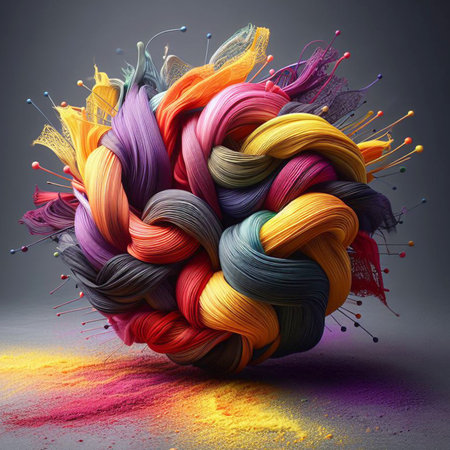 3d rendering of a colorful yarn ball with threads on grey backgroundの写真素材