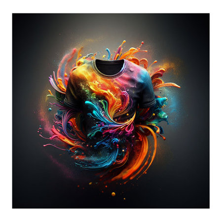 T-shirt design with colorful splashes on a black background.の写真素材