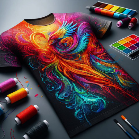 T-shirt mockup with colorful abstract pattern on black background.