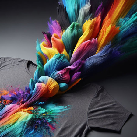 Multicolored t-shirt with feathers on a dark background.の写真素材