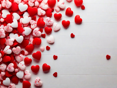 Red and white hearts on white wooden background. Valentine's day concept.の写真素材