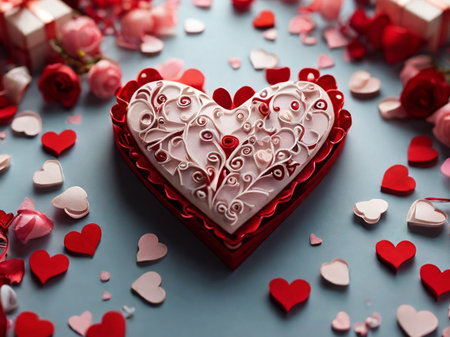 Valentine's day background. Red and white hearts on blue background.