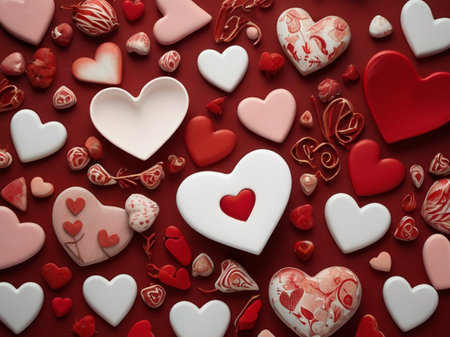 Valentines day background with hearts and candies. Top view.の写真素材