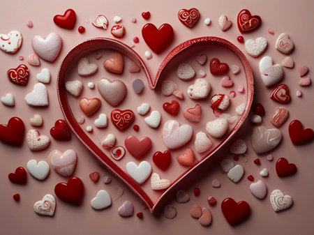 Valentine's day background with red and white hearts on pink backgroundの写真素材