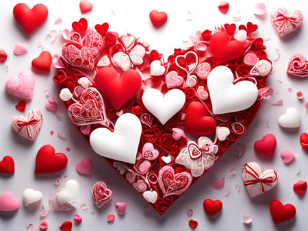 Valentine's day background with red and white hearts on white background