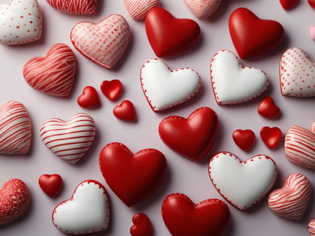Valentines day background with red and white hearts, top viewの写真素材