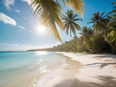 Tropical beach with coconut palm trees, Seychellesの素材