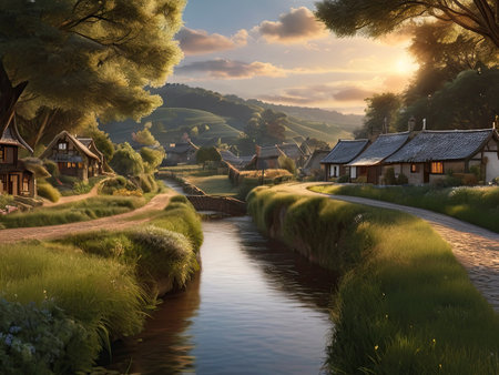Village in the countryside at sunset. 3d rendering. Computer digital drawing.の素材
