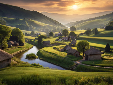Idyllic countryside landscape at sunset in the mountains, Switzerland.の素材