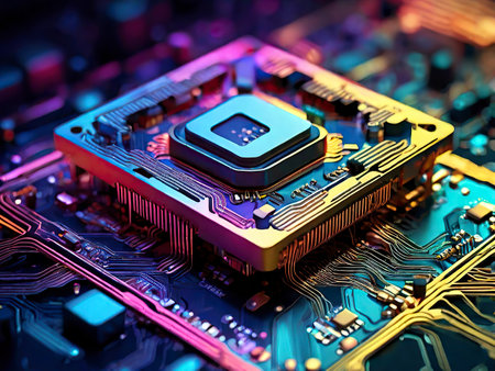 Circuit board close-up. Technology background. 3d illustrationの素材