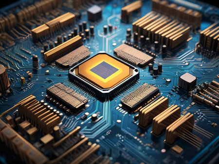 Close-up of electronic circuit board. Technology background. 3D Renderingの素材