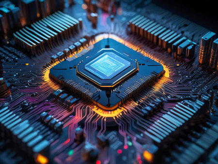 Circuit board close up view. Technology background. 3d renderingの素材