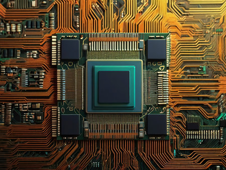 Circuit board close-up. Technology background. 3d renderingの素材
