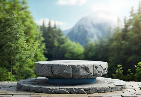 Round stone podium in front of mountain landscape. 3D Renderingの素材