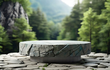 Round stone podium in the green forest. 3d rendering mock upの素材