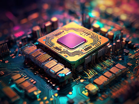 Close up of electronic circuit board with processor. Technology background. 3D Renderingの素材