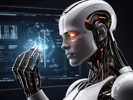Robot humanoid looking at hologram screen on dark background 3D renderingの素材