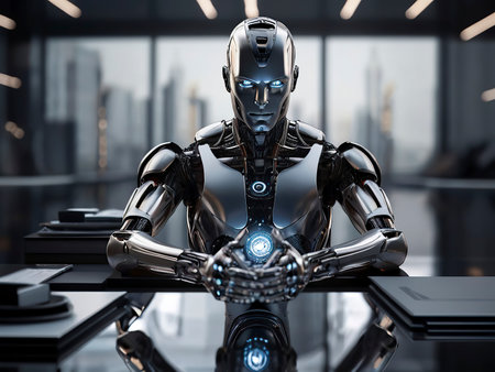 3d rendering humanoid robot sitting on table in modern office interior.の写真素材