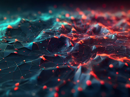 Abstract 3d rendering of chaotic structure. Futuristic background with dynamic particles.の写真素材