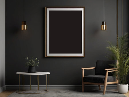 Interior of modern living room with gray walls, concrete floor, black armchair and coffee table. Mock up poster frame. 3d renderingの素材