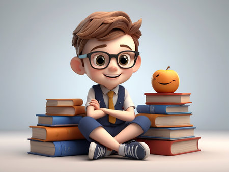 3D Render of Little boy with apple and books on gray backgroundの素材