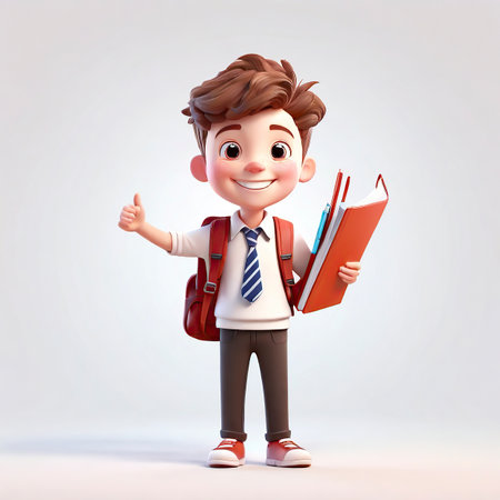 3D Render of Little Boy with school bag and thumb up poseの素材