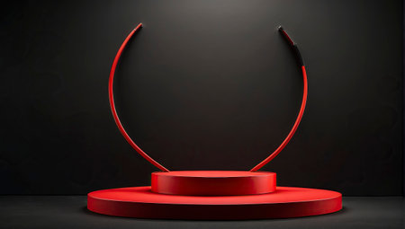 3d render of red podium on black background. Platform for product presentation.の素材